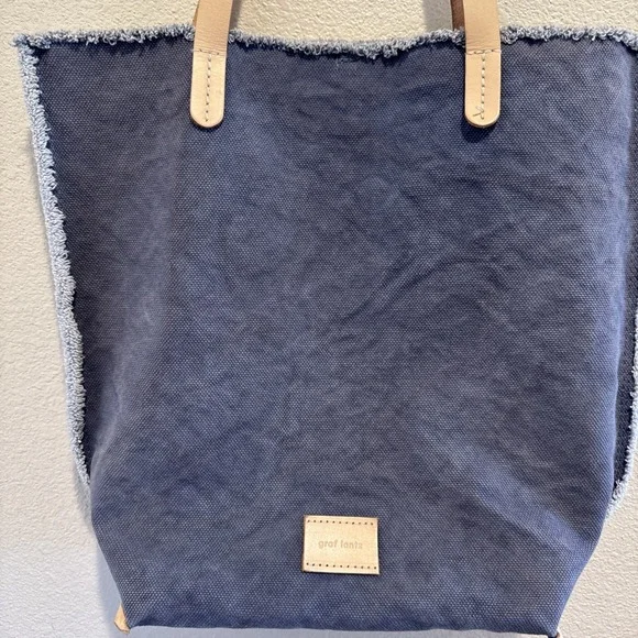 Graf Lantz Hana Canvas Boat Bag Tote Blue Fringe Edge 14x14" Leather Handles - Picture 2 of 9